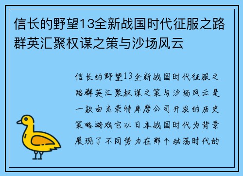 信长的野望13全新战国时代征服之路群英汇聚权谋之策与沙场风云