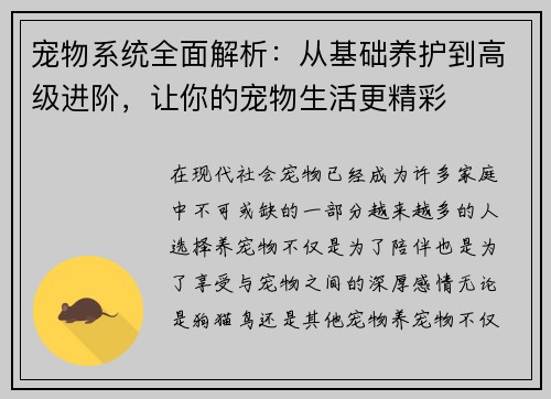宠物系统全面解析：从基础养护到高级进阶，让你的宠物生活更精彩